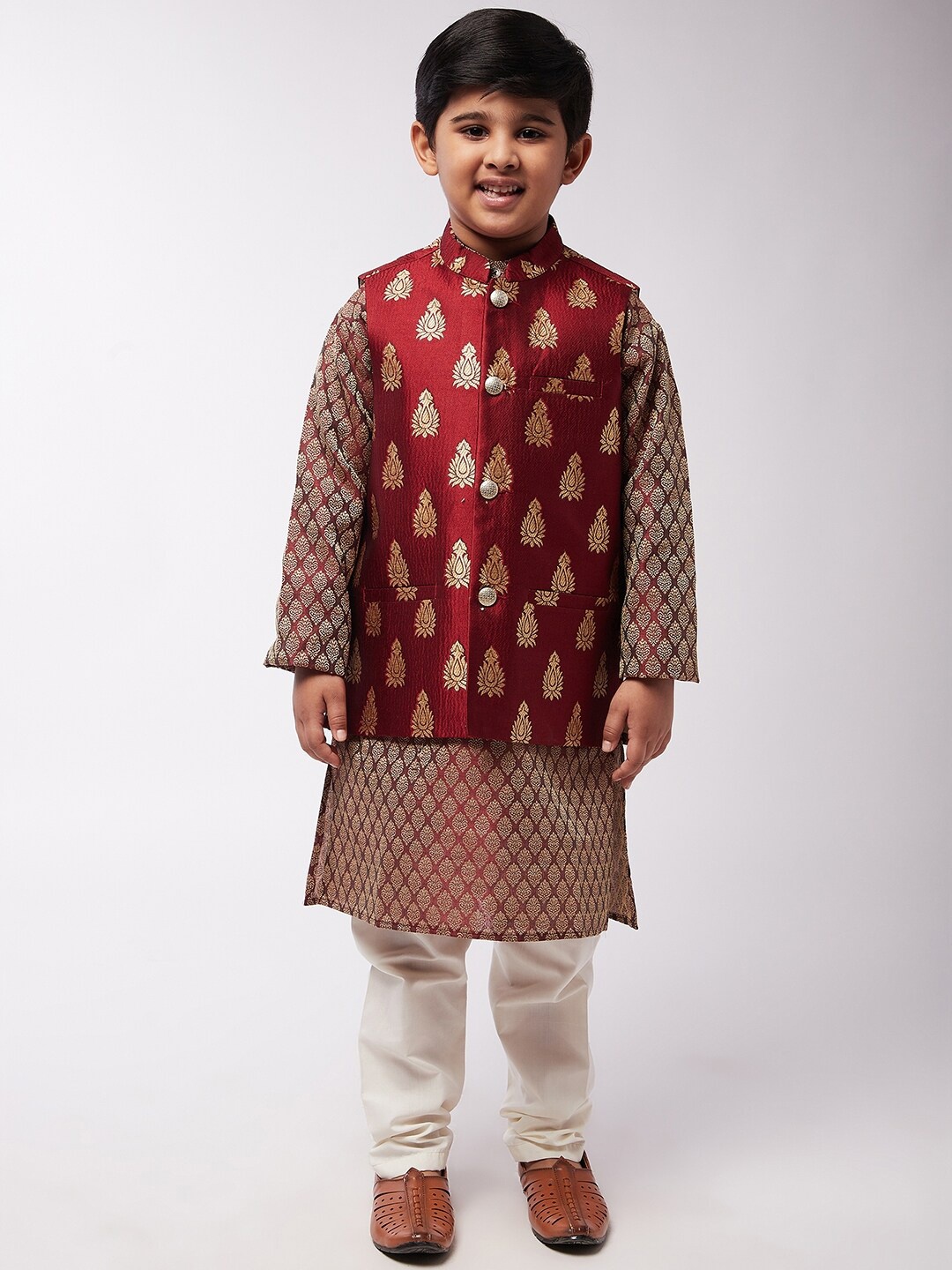 

SOJANYA Boys Maroon Printed Layered Kurta with Pyjamas