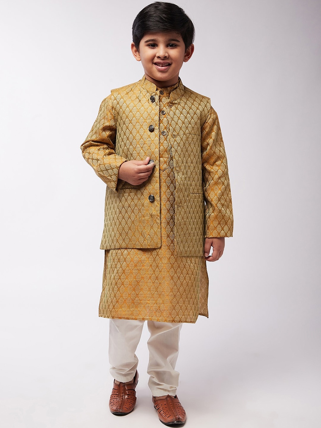 

SOJANYA Boys Mustard Yellow Ethnic Motifs Kurta with Churidar & Nehru Jacket