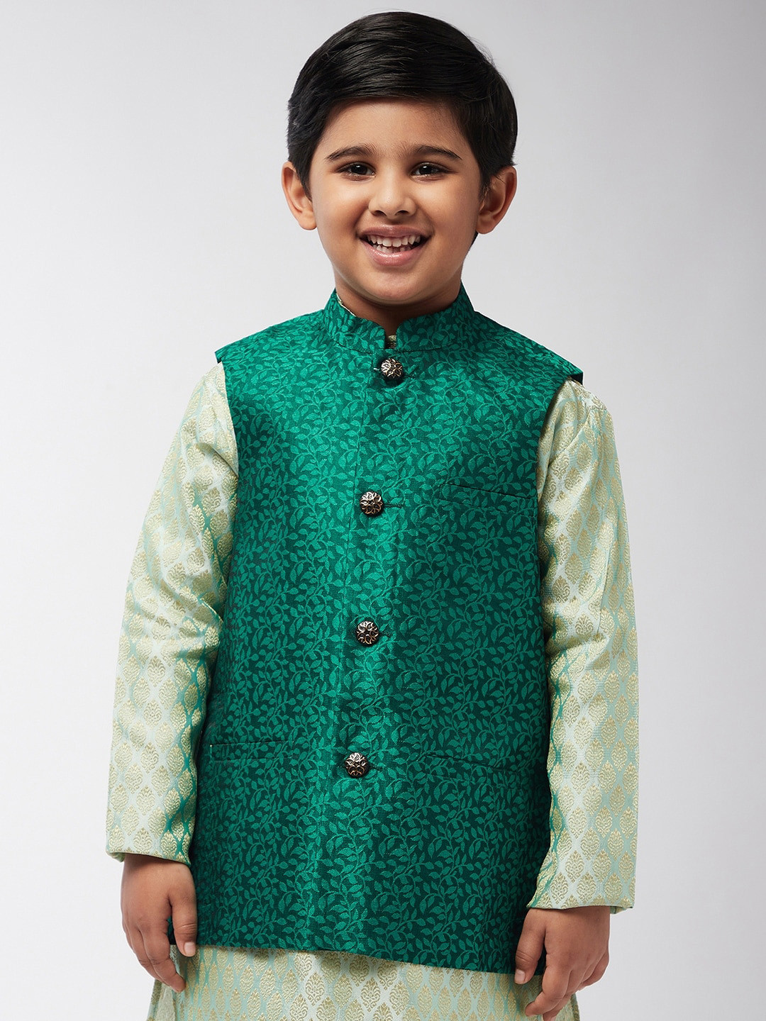 

SOJANYA Boys Green Woven Design Jacquard Silk Nehru Jacket