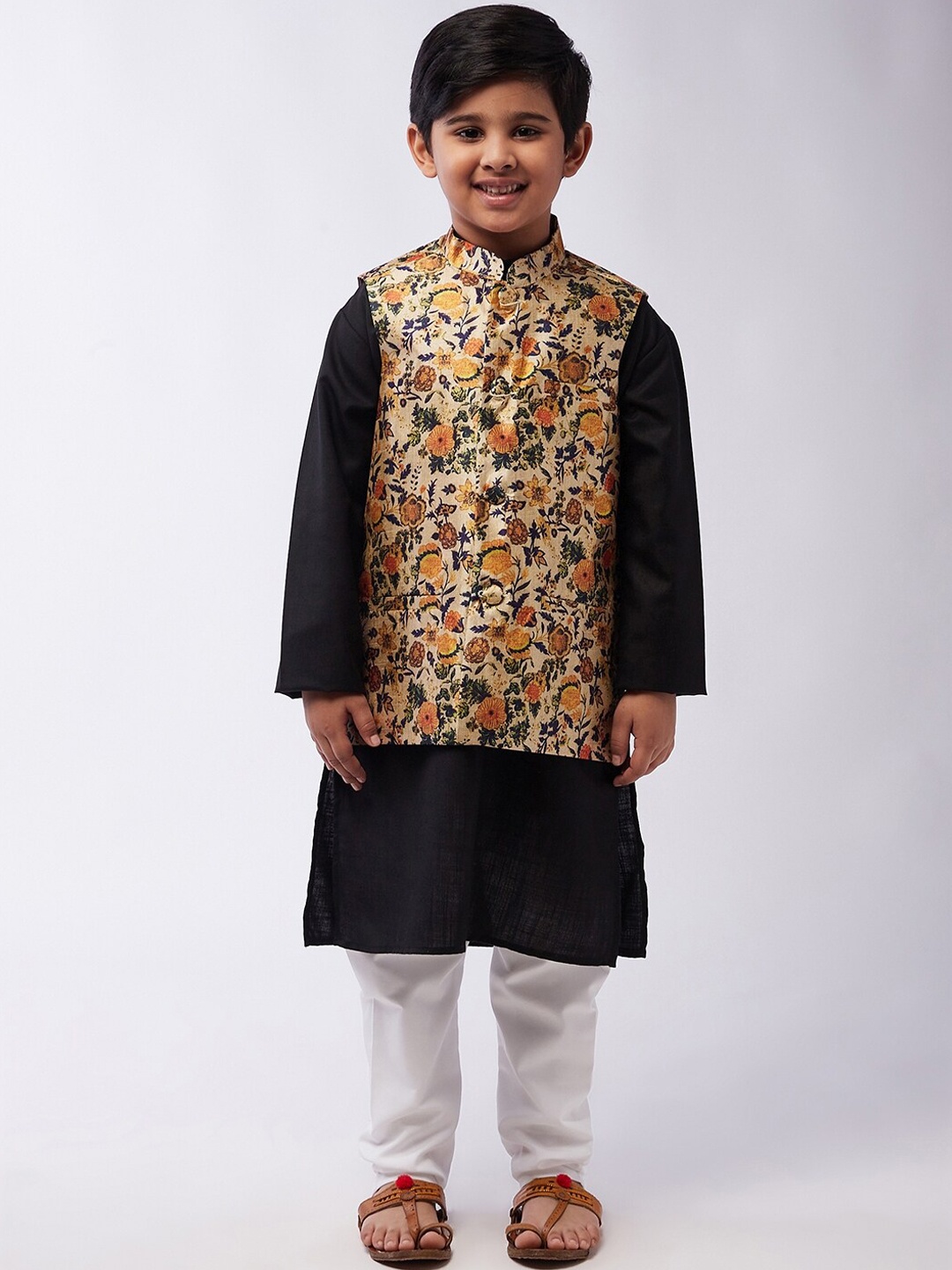

SOJANYA Boys Black & Off White Kurta with Pyjamas & Nehru Jacket