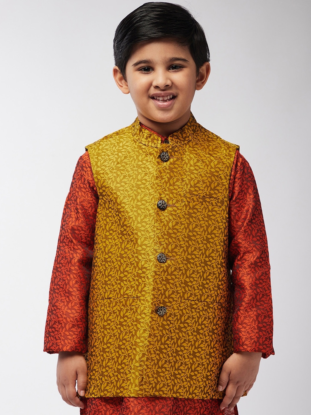 

SOJANYA Boys Mustard Yellow Woven Design Woven Nehru Jacket