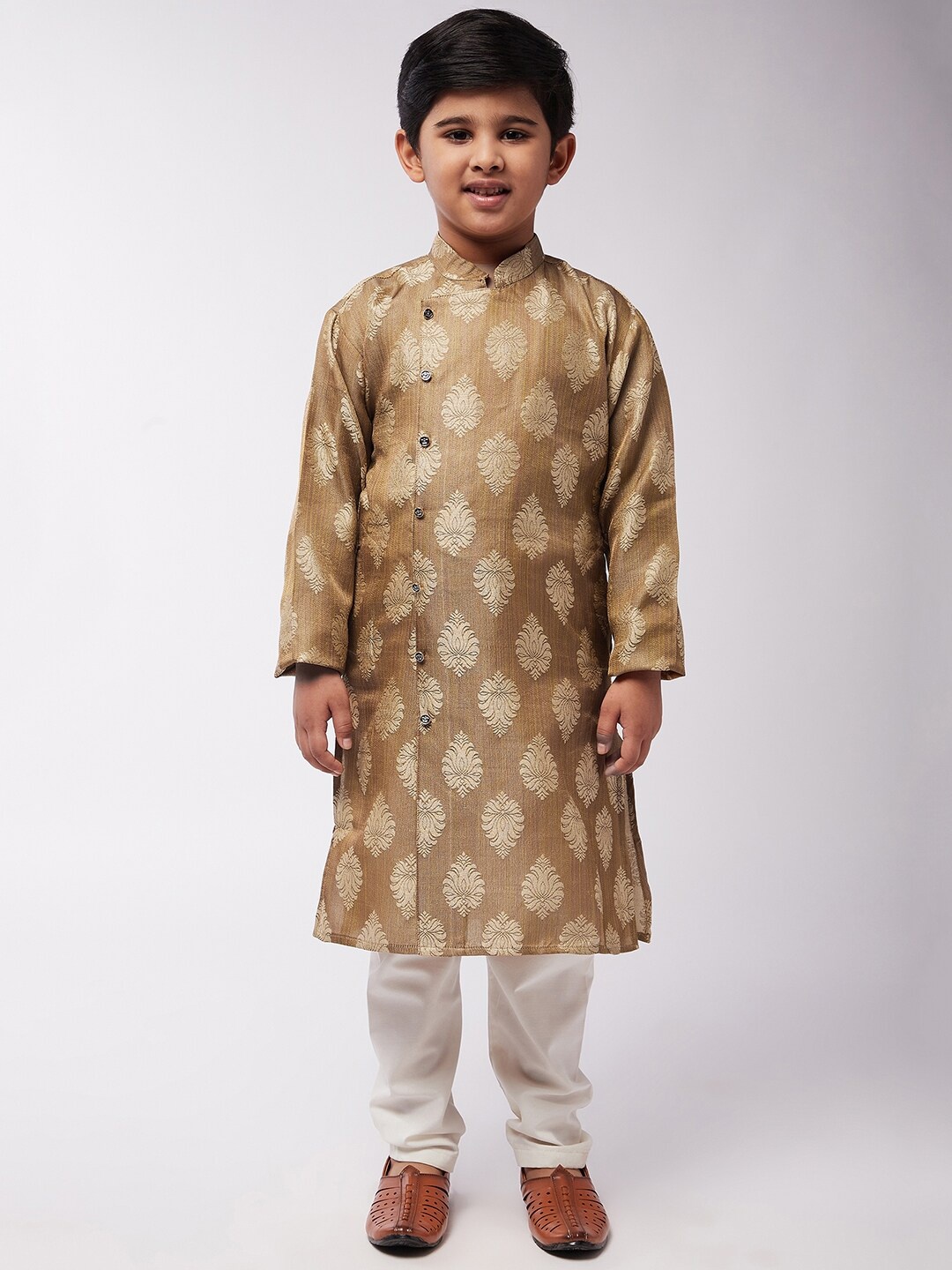 

SOJANYA Boys Gold-Toned Ethnic Motifs Printed Angrakha Kurta with Patiala