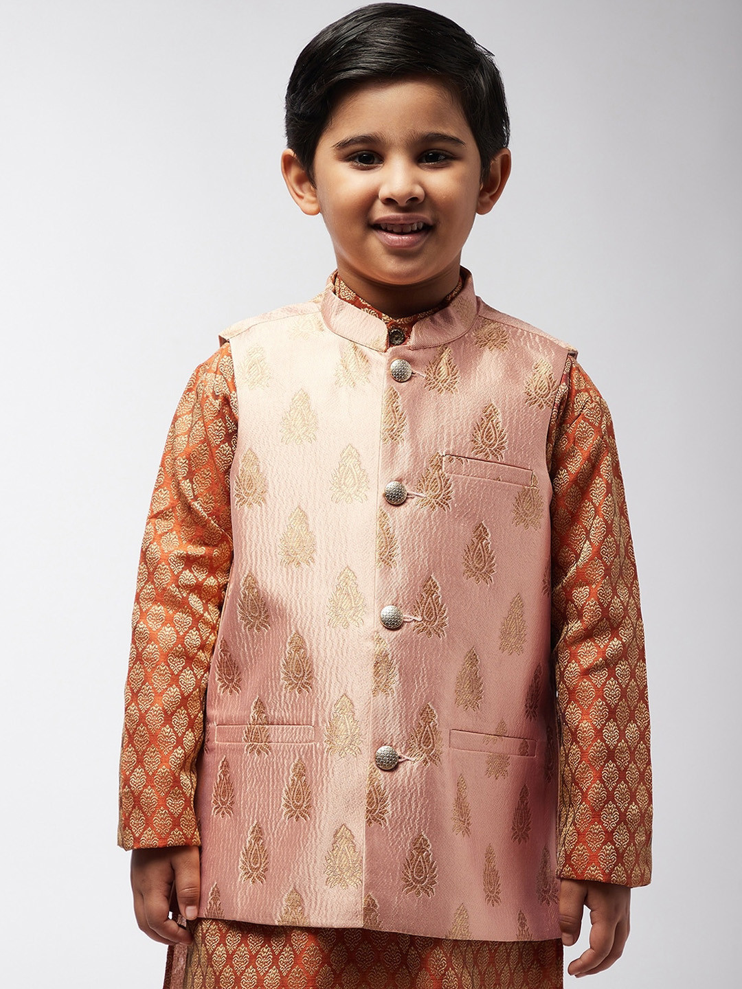 

SOJANYA Boys Peach-Coloured & Gold-Toned Woven-Design Nehru Jacket