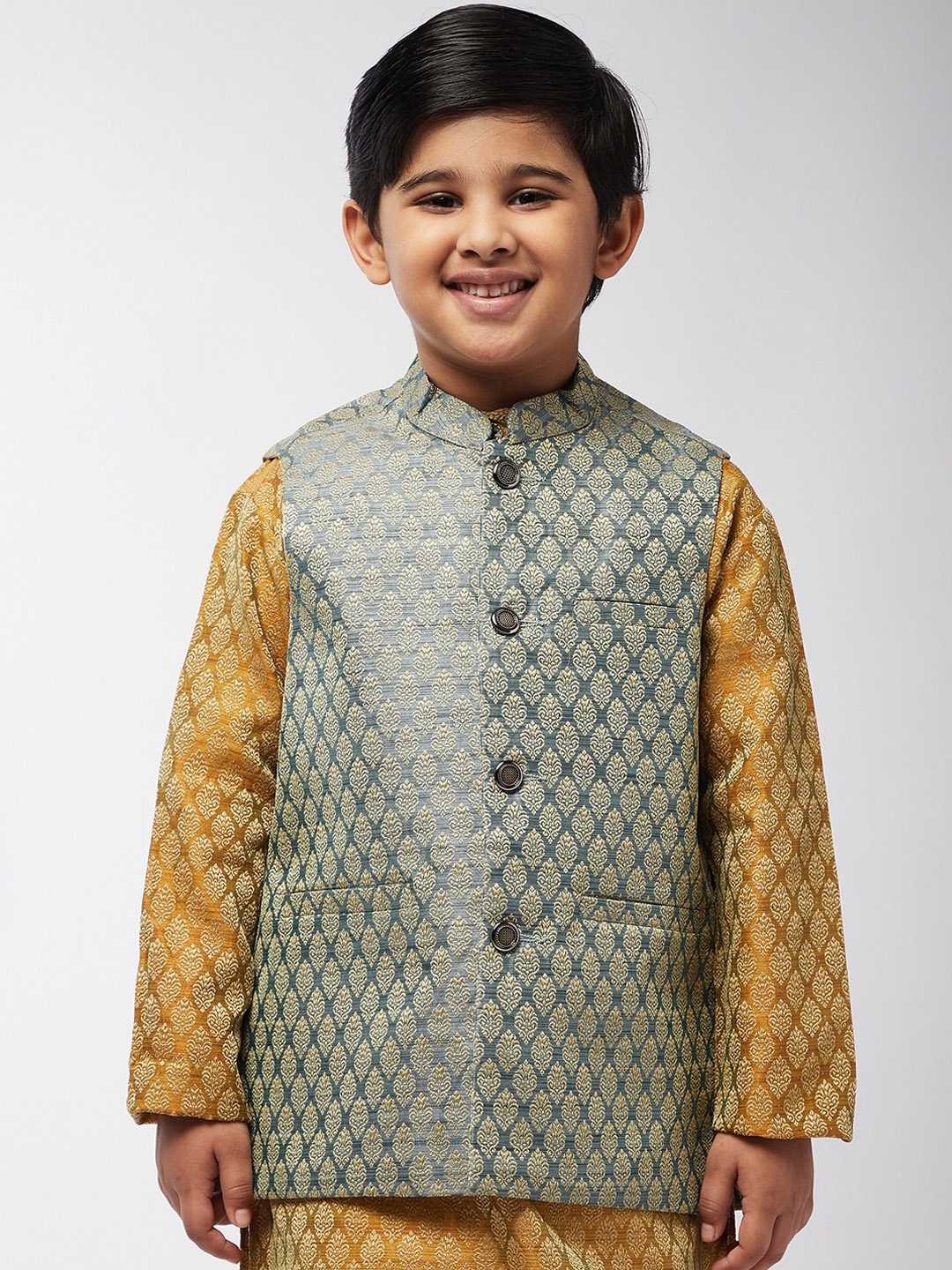 

SOJANYA Boys Green Woven Design Jacquard Silk Nehru Jacket