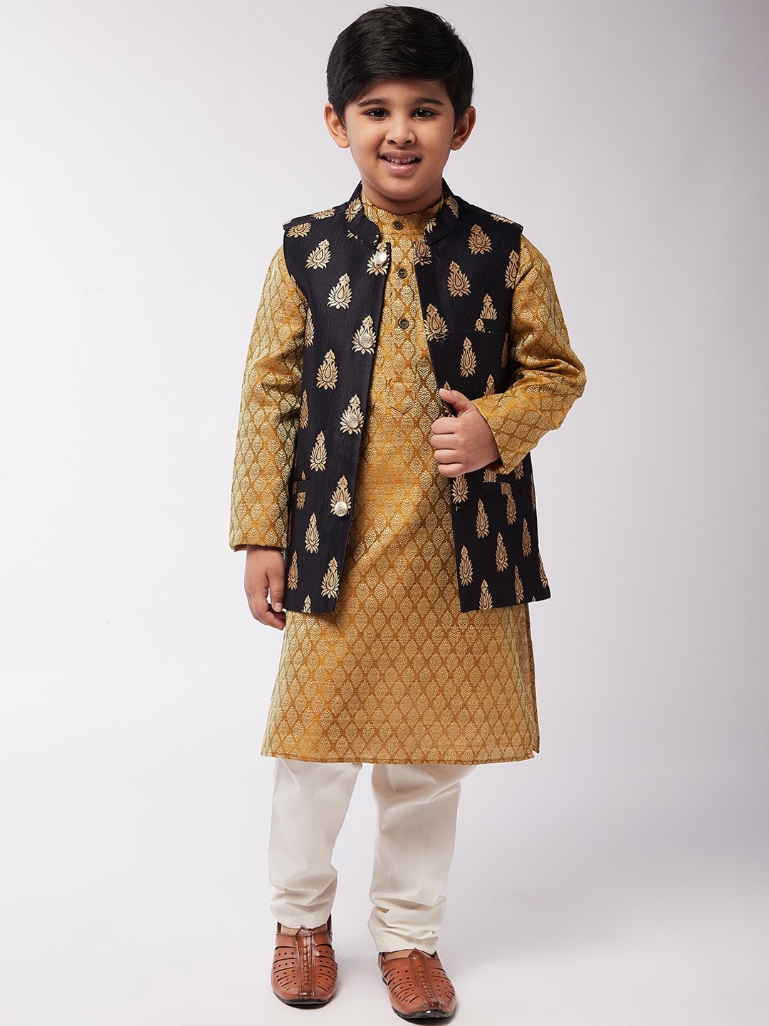 

SOJANYA Boys Mustard Yellow & Off White Kurta with Churidar & Nehru Jacket