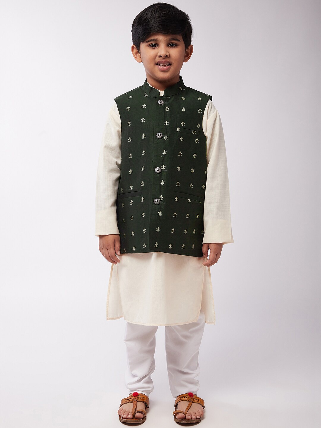 

SOJANYA Boys Cream-Coloured Kurta with Pyjamas with Nehru Jacket