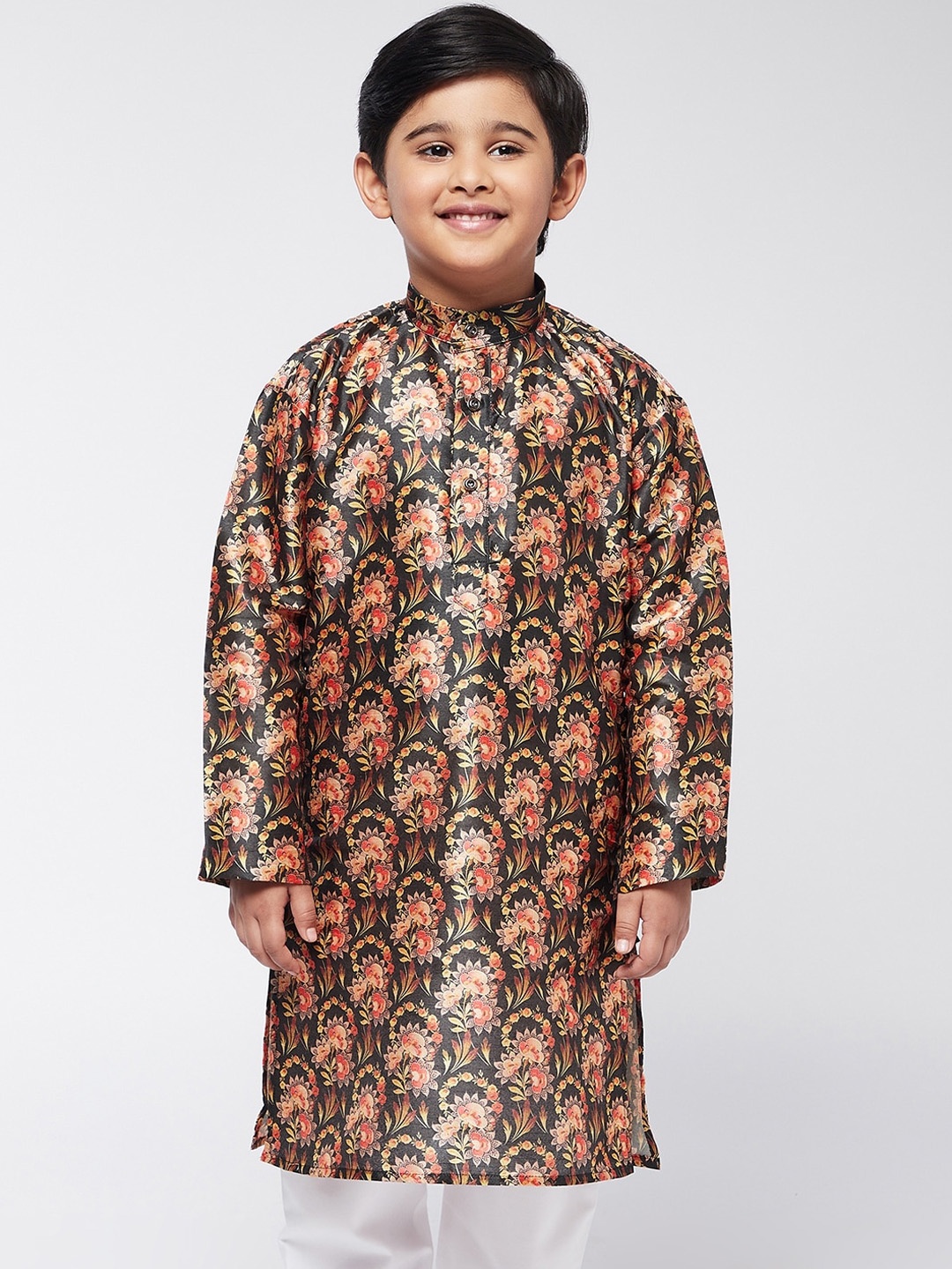 SOJANYA Boys Black Floral Printed Straight Kurta