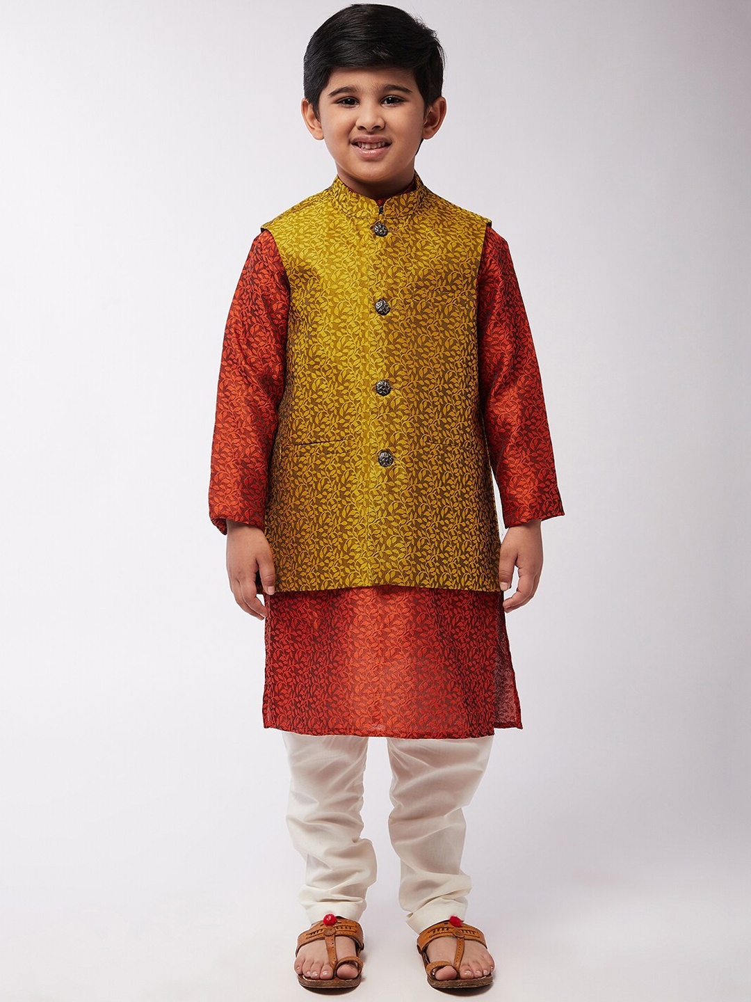 

SOJANYA Boys Orange Printed Angrakha Kurta with Trousers with Nehru Jacket