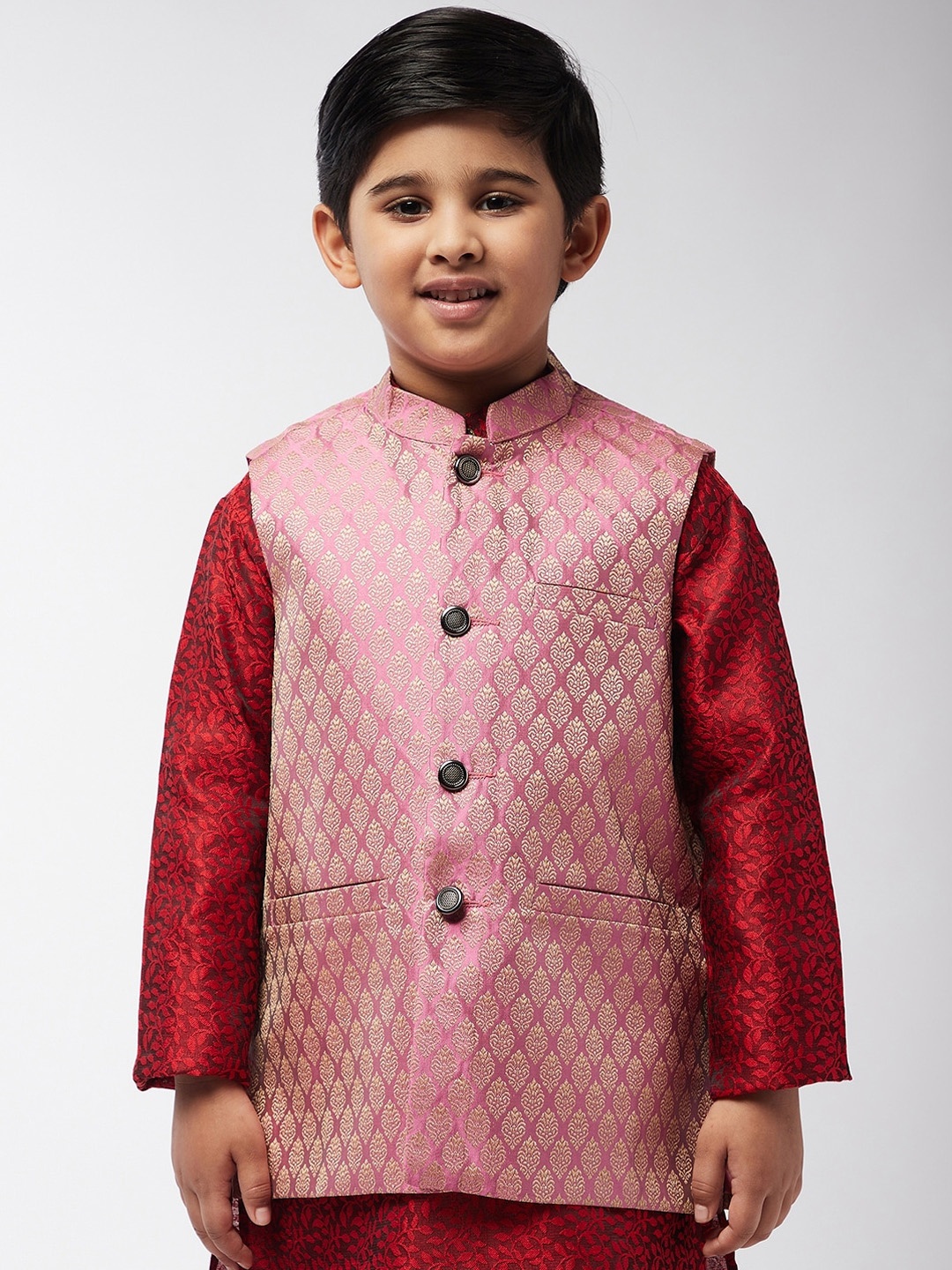 

SOJANYA Boys Pink & Gold-Coloured Woven Design Nehru Jacket