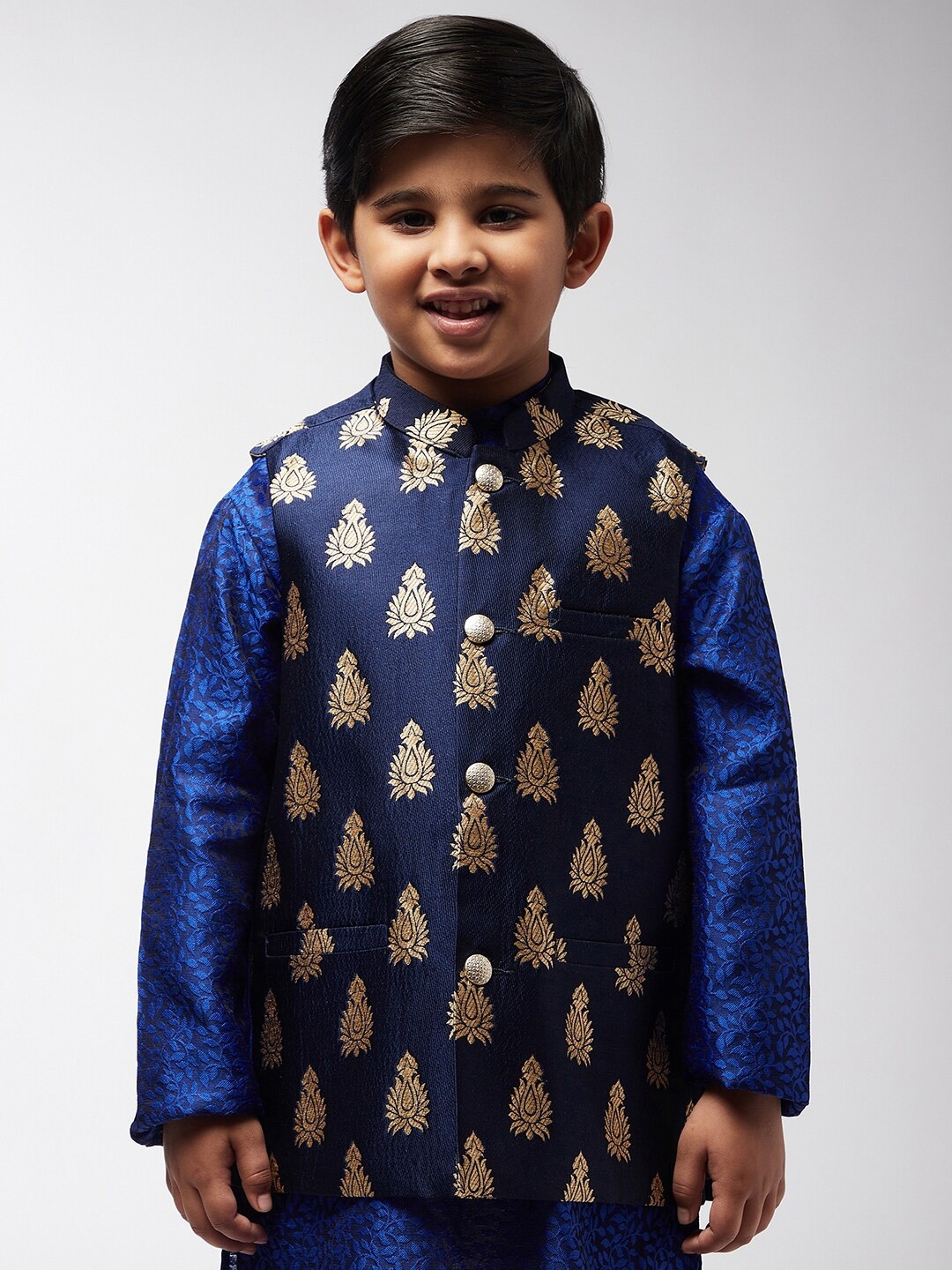 

SOJANYA Boys Navy Blue & Gold-Coloured Woven Design Jacquard Silk Nehru Jacket