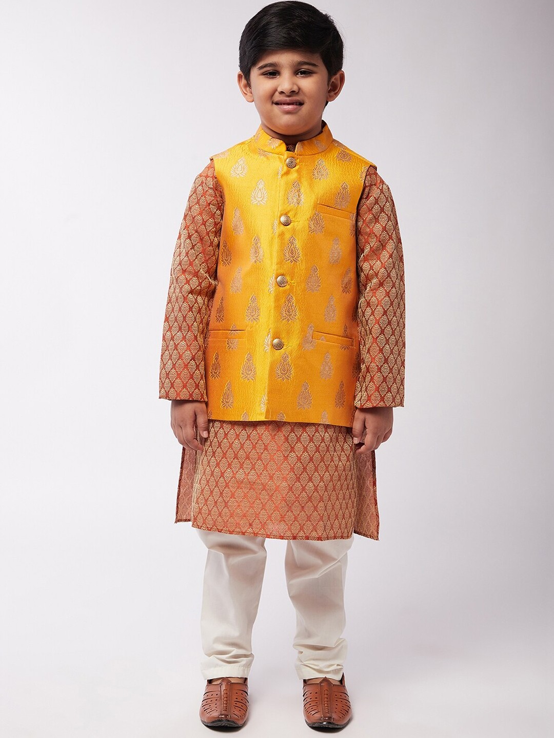 

SOJANYA Boys Orange Ethnic Motifs Kurta & Churidar With Nehru jacket