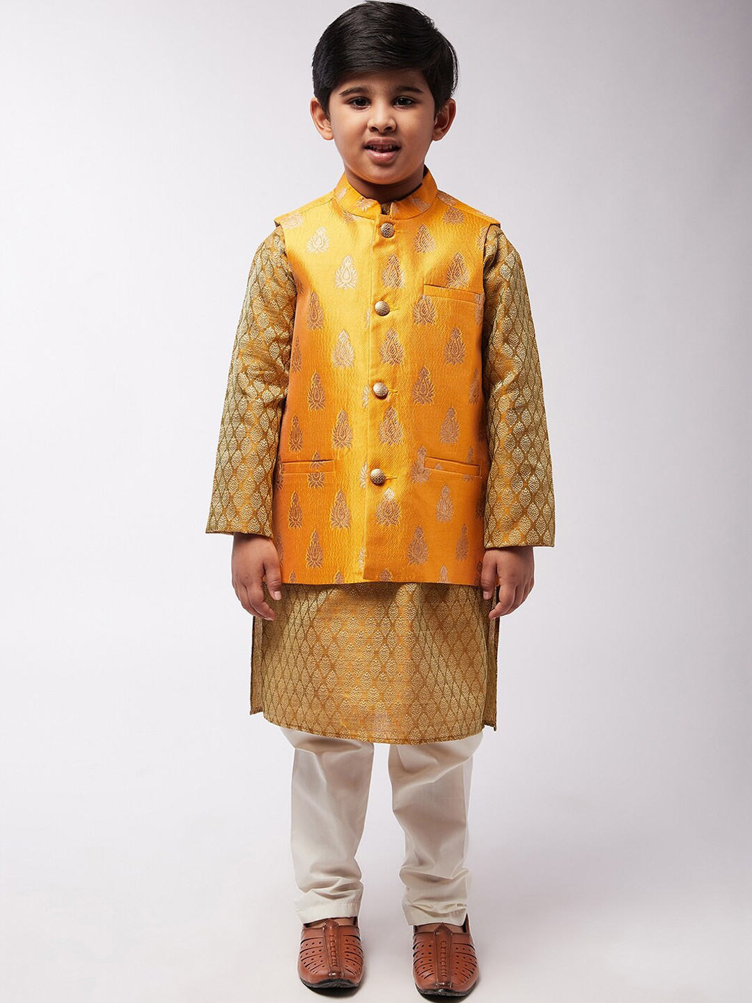 

SOJANYA Boys Mustard Yellow Empire Kurta with Pyjamas & Nehru Jacket