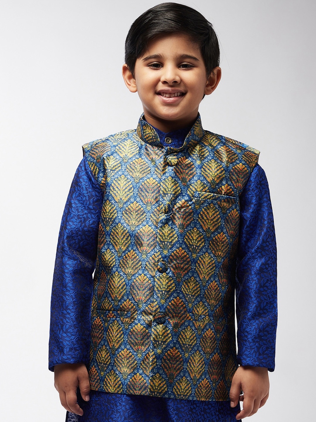 

SOJANYA Boys Blue & Yellow Printed Nehru Jacket