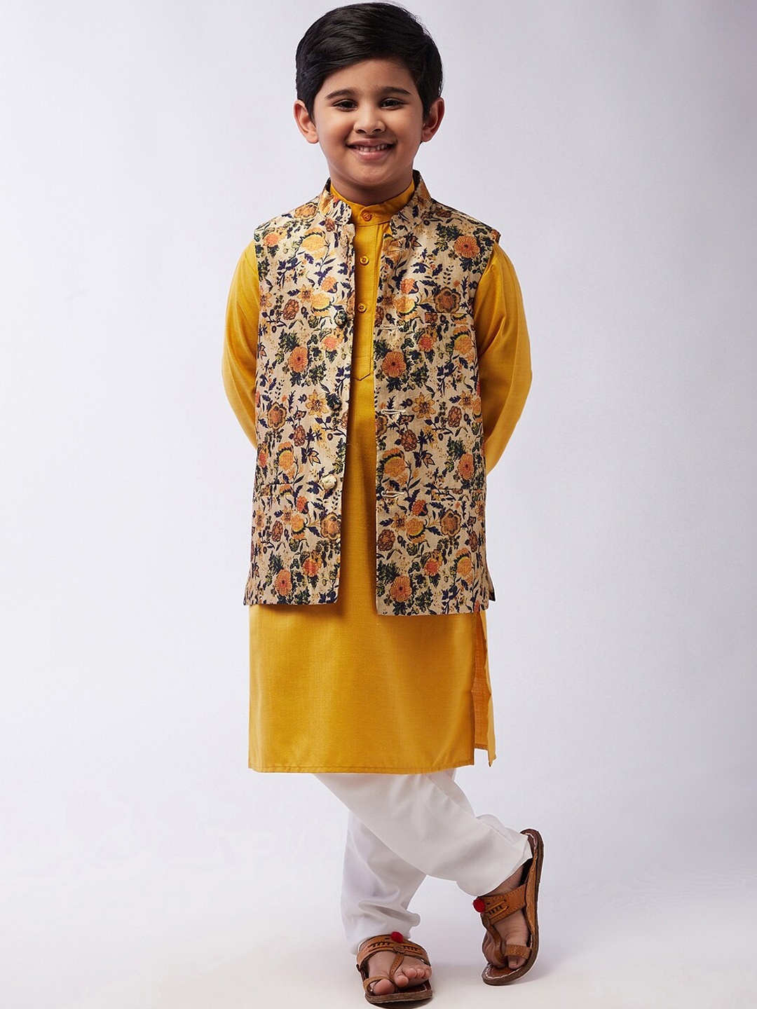 

SOJANYA Boys Mustard Yellow Kurta Pyjamas with Nehru Jacket
