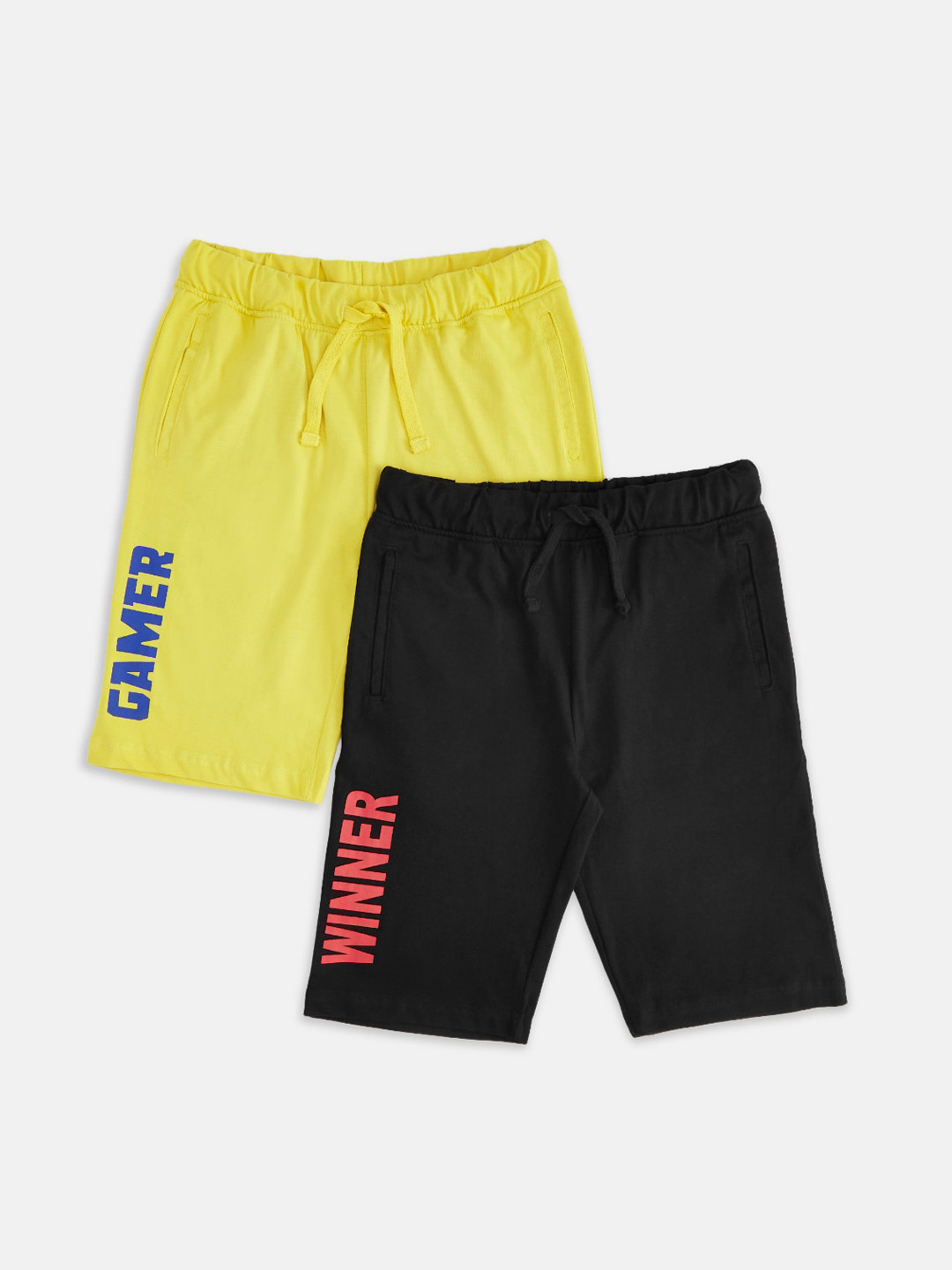 

Pantaloons Junior Boys Pack of 2 Typography Printed Pure Cotton Sports Shorts, Yellow