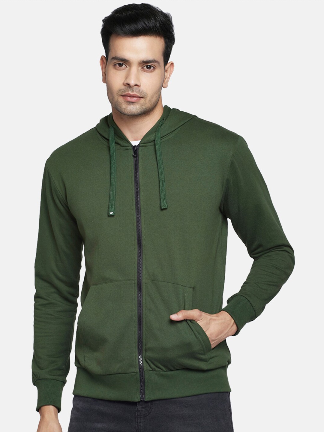 

People Men Olive Green Hooded Sweatshirt