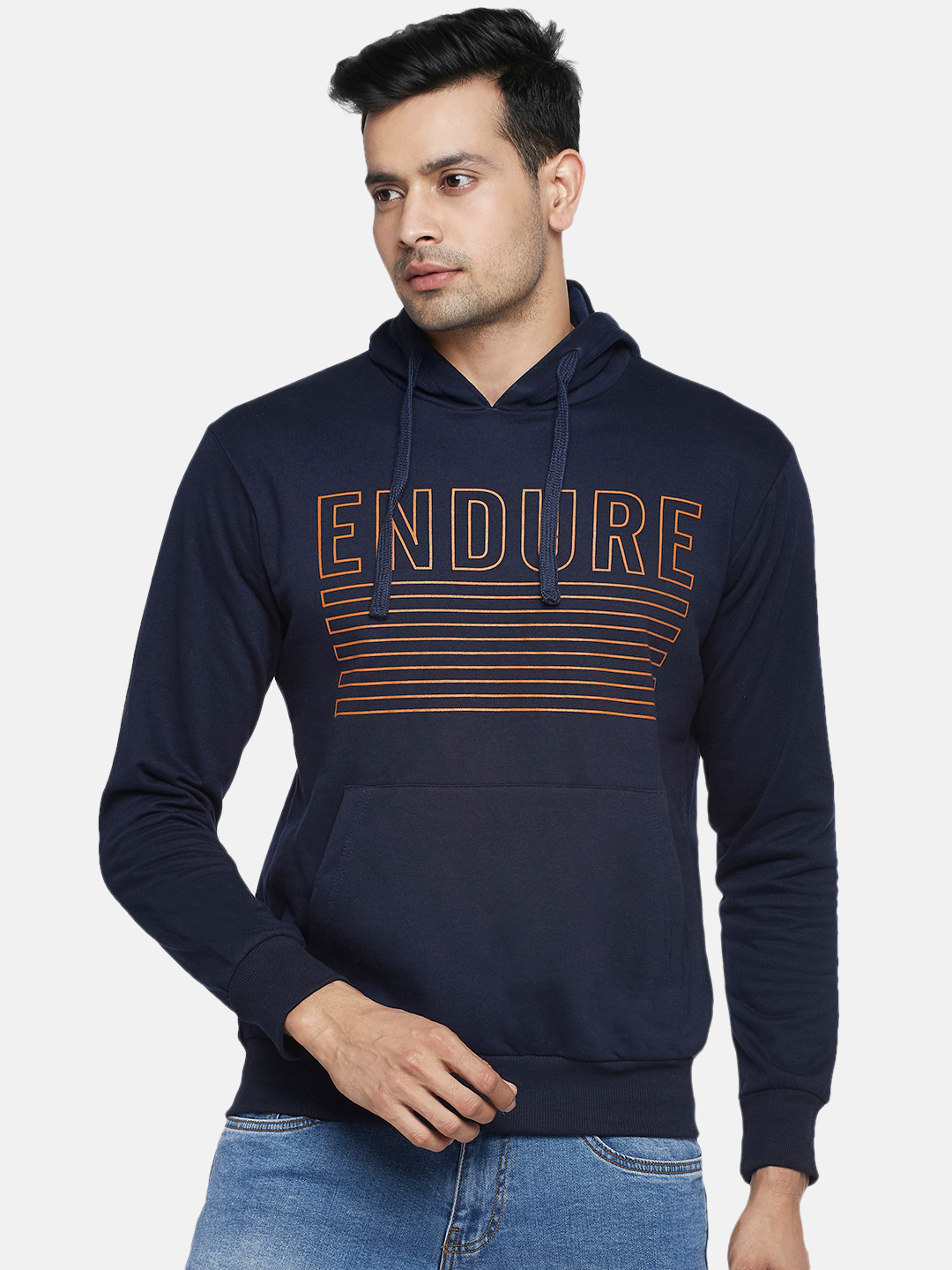 

People Men Navy Blue Printed Hooded Sweatshirt
