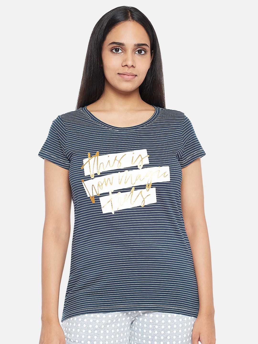

Dreamz by Pantaloons Navy Blue Striped Pure Cotton Lounge T-shirt