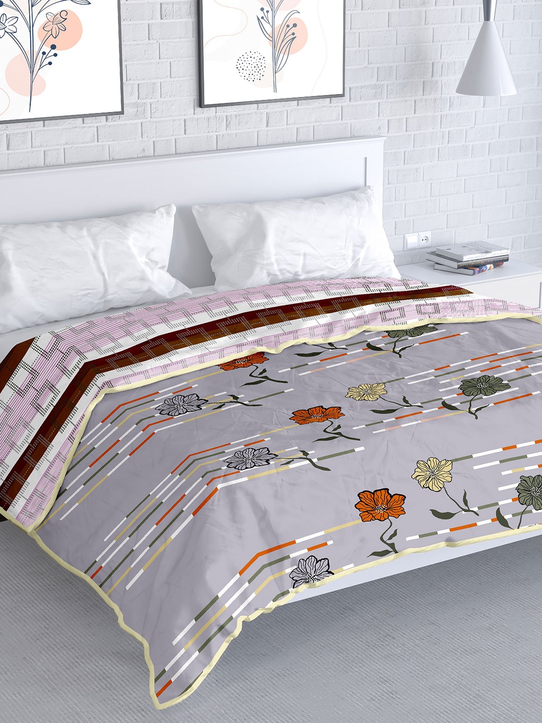 

MAYFAIR HOMES LONDON Grey & Orange Floral AC Room 100 GSM Cotton Double Bed Dohar