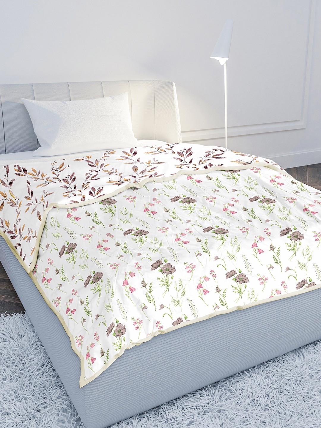 

MAYFAIR HOMES LONDON White & Grey Floral AC Room 100 GSM Pure Cotton Single Bed Dohar