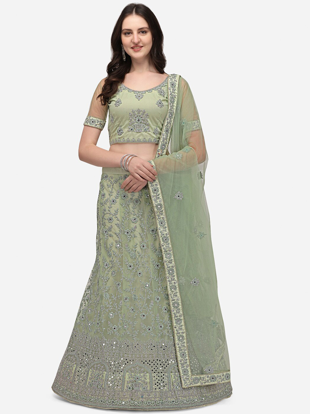 

VRSALES Lime Green Embroidered Semi-Stitched Lehenga & Unstitched Blouse With Dupatta