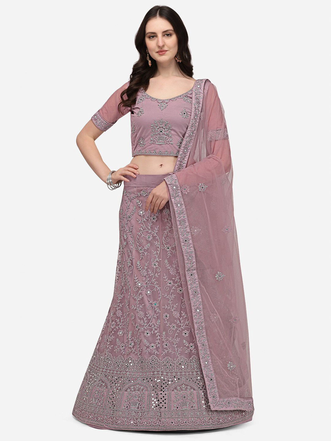 

VRSALES Lavender Embroidered Mirror Work Semi-Stitched Lehenga & Unstitched Blouse With Dupatta