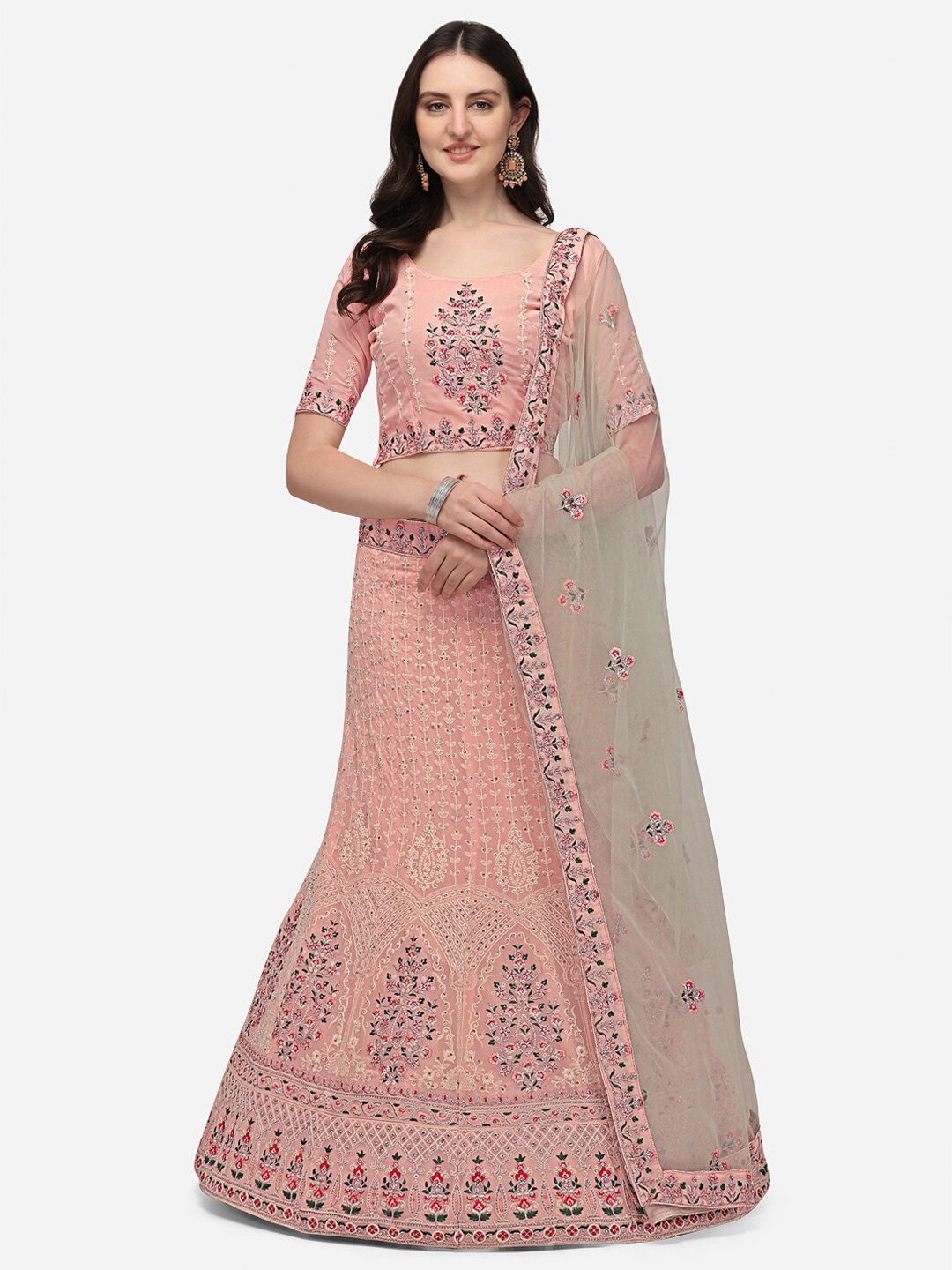 

VRSALES Peach-Coloured & Red Embroidered Semi-Stitched Lehenga & Unstitched Blouse With Dupatta