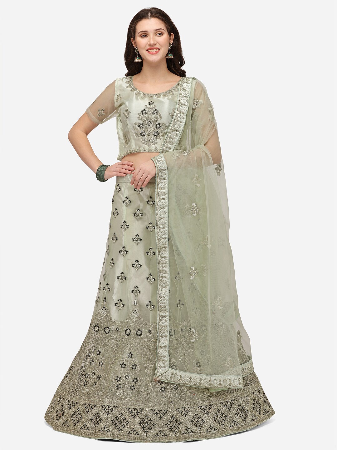 

VRSALES Green Embroidered Semi-Stitched Lehenga & Unstitched Blouse With Dupatta