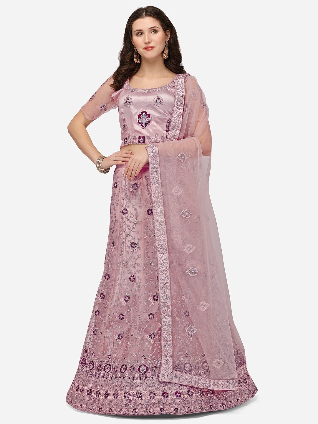 

VRSALES Lavender Embroidered Semi-Stitched Lehenga & Unstitched Blouse With Dupatta
