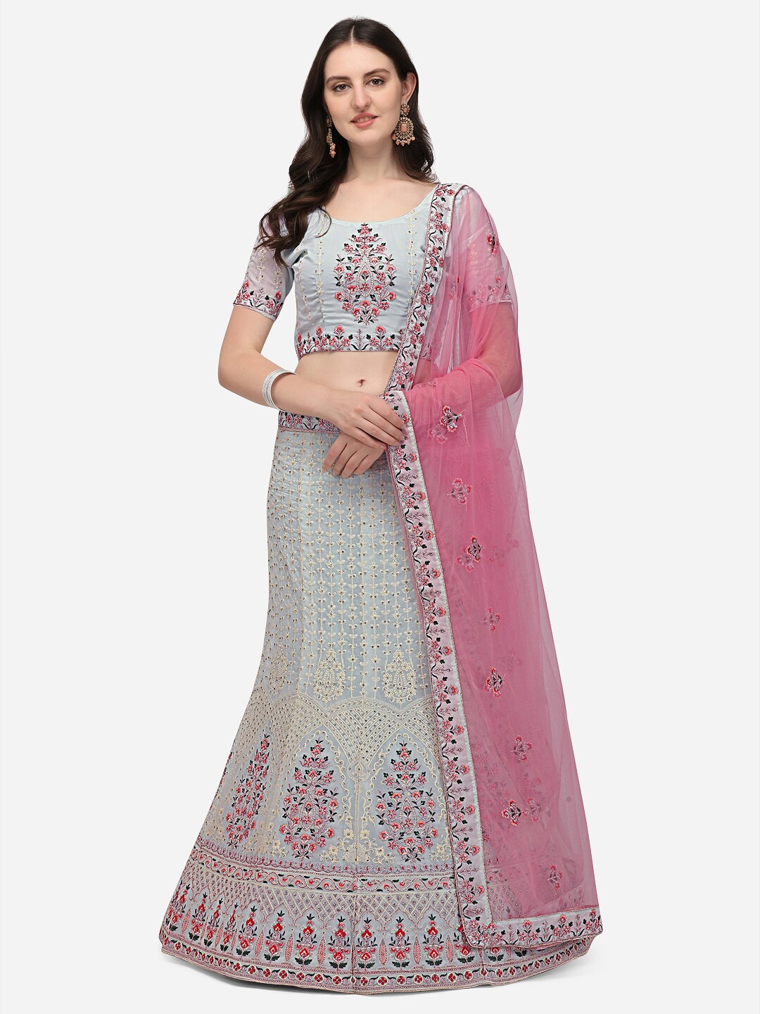

VRSALES Turquoise Blue & Red Embroidered Semi-Stitched Lehenga & Unstitched Blouse With Dupatta