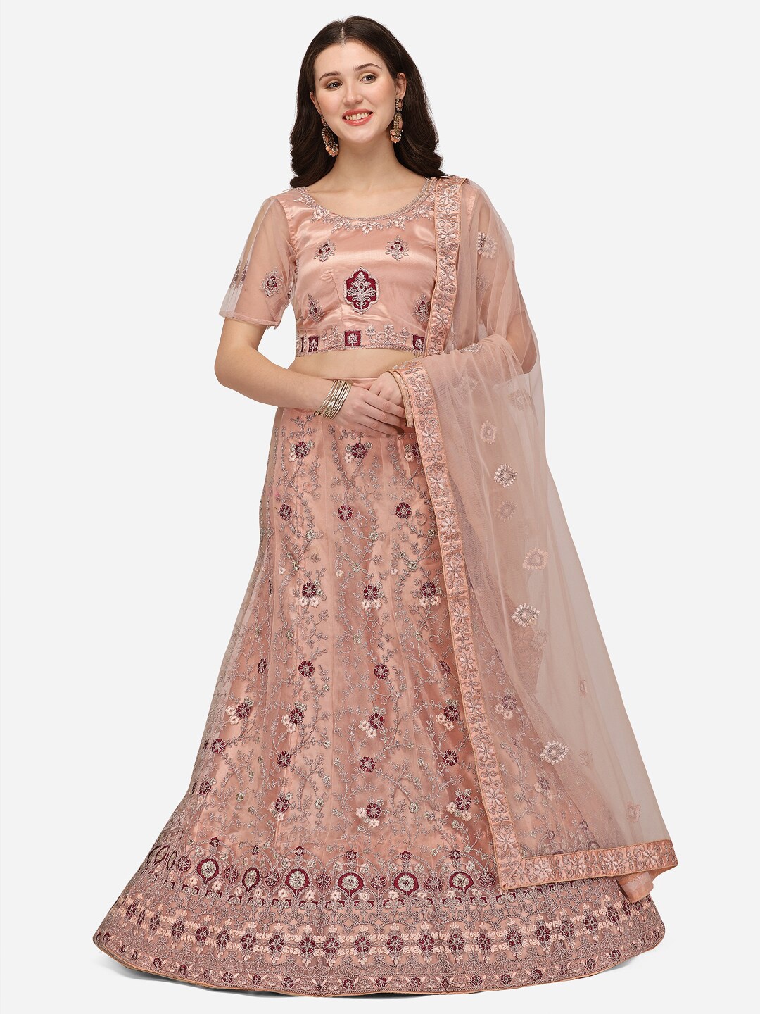 

VRSALES Peach-Coloured Embroidered Semi-Stitched Lehenga & Unstitched Blouse With Dupatta