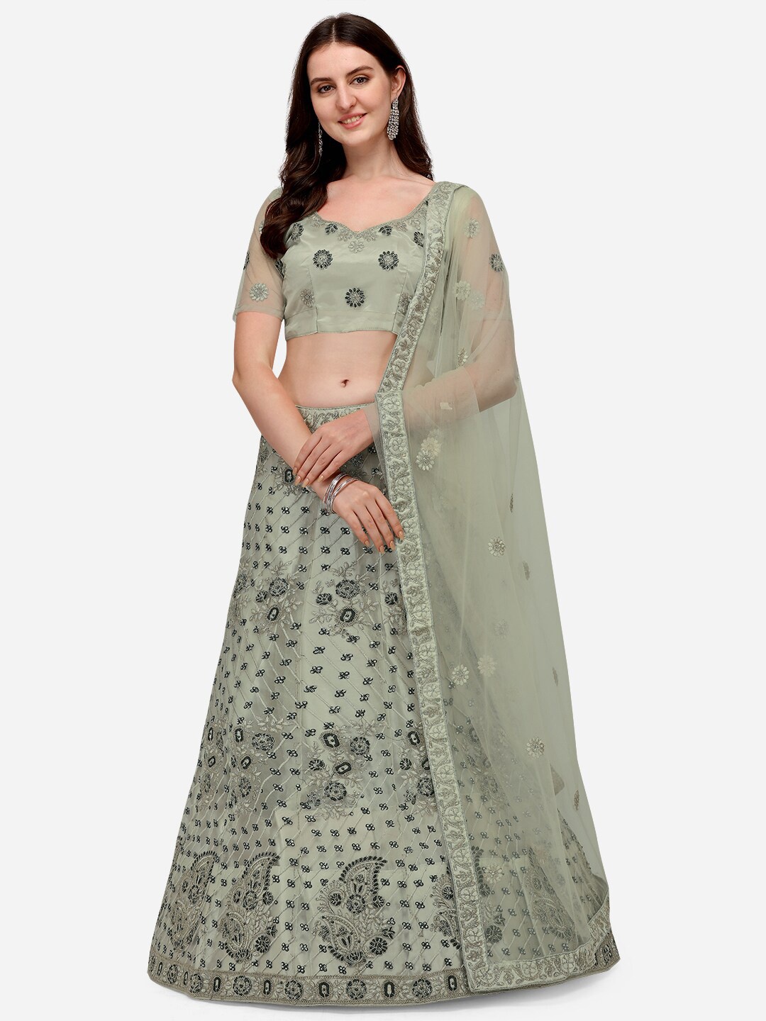 

VRSALES Lime Green Embroidered Semi-Stitched Lehenga & Unstitched Blouse With Dupatta