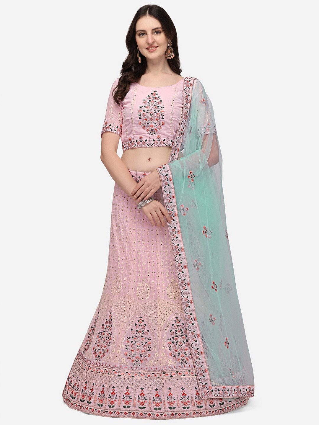 

VRSALES Pink & Blue Embroidered Semi-Stitched Lehenga & Unstitched Blouse With Dupatta
