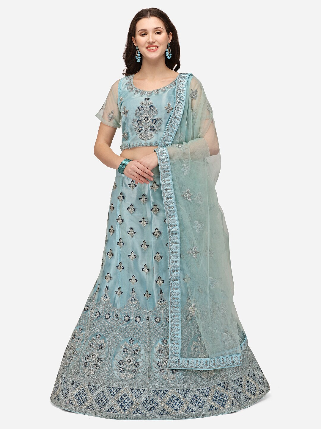 

VRSALES Turquoise Blue & Silver-Toned Embroidered Semi-Stitched Lehenga & Unstitched Blouse With Dupatta