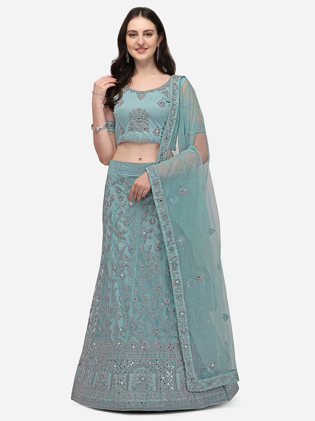 

VRSALES Turquoise Blue Embroidered Mirror Work Semi-Stitched Lehnga Choli Set