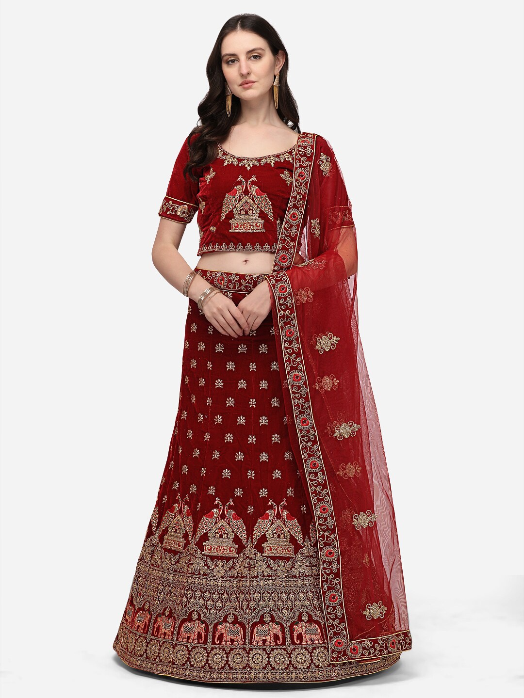 

VRSALES Maroon & Gold-Toned Embroidered Zardozi Semi-Stitched Lehenga & Unstitched Blouse With Dupatta