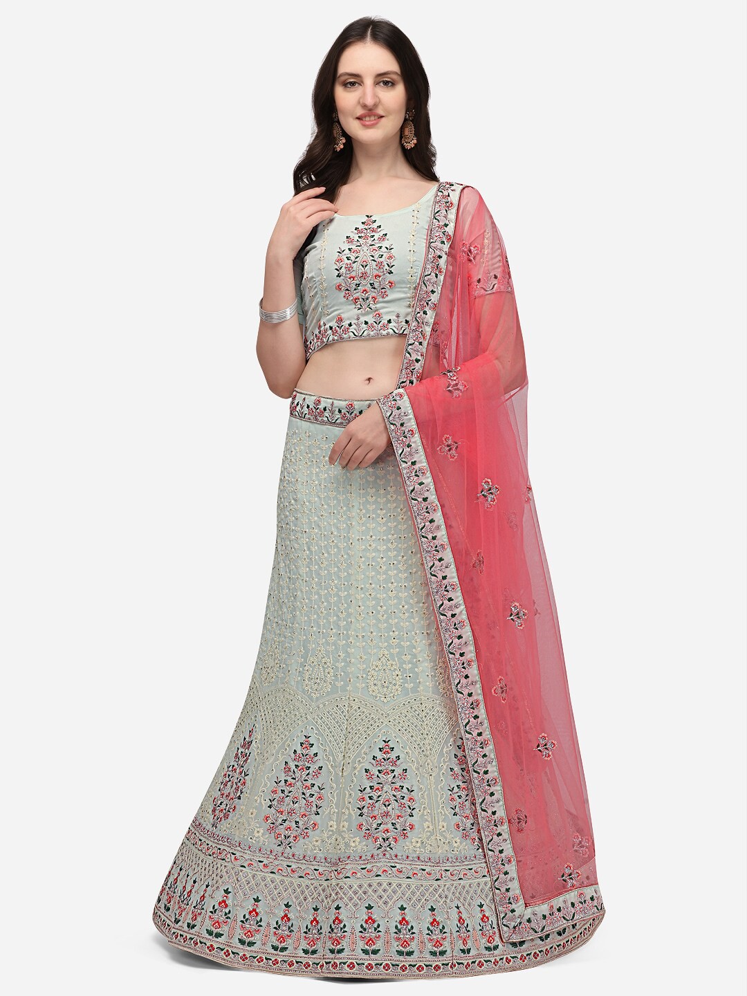 

VRSALES Lime Green Embroidered Semi-Stitched Lehenga & Unstitched Blouse With Dupatta