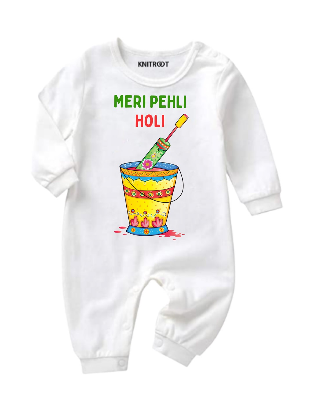 

KNITROOT Infants Kids White Pehli Holi Printed Regular Fit Cotton Rompers