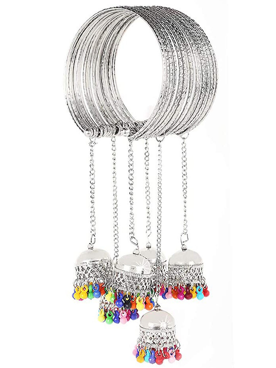 

Vembley Women Silver-Toned Cuff Bracelet with Hanging Jhumkas