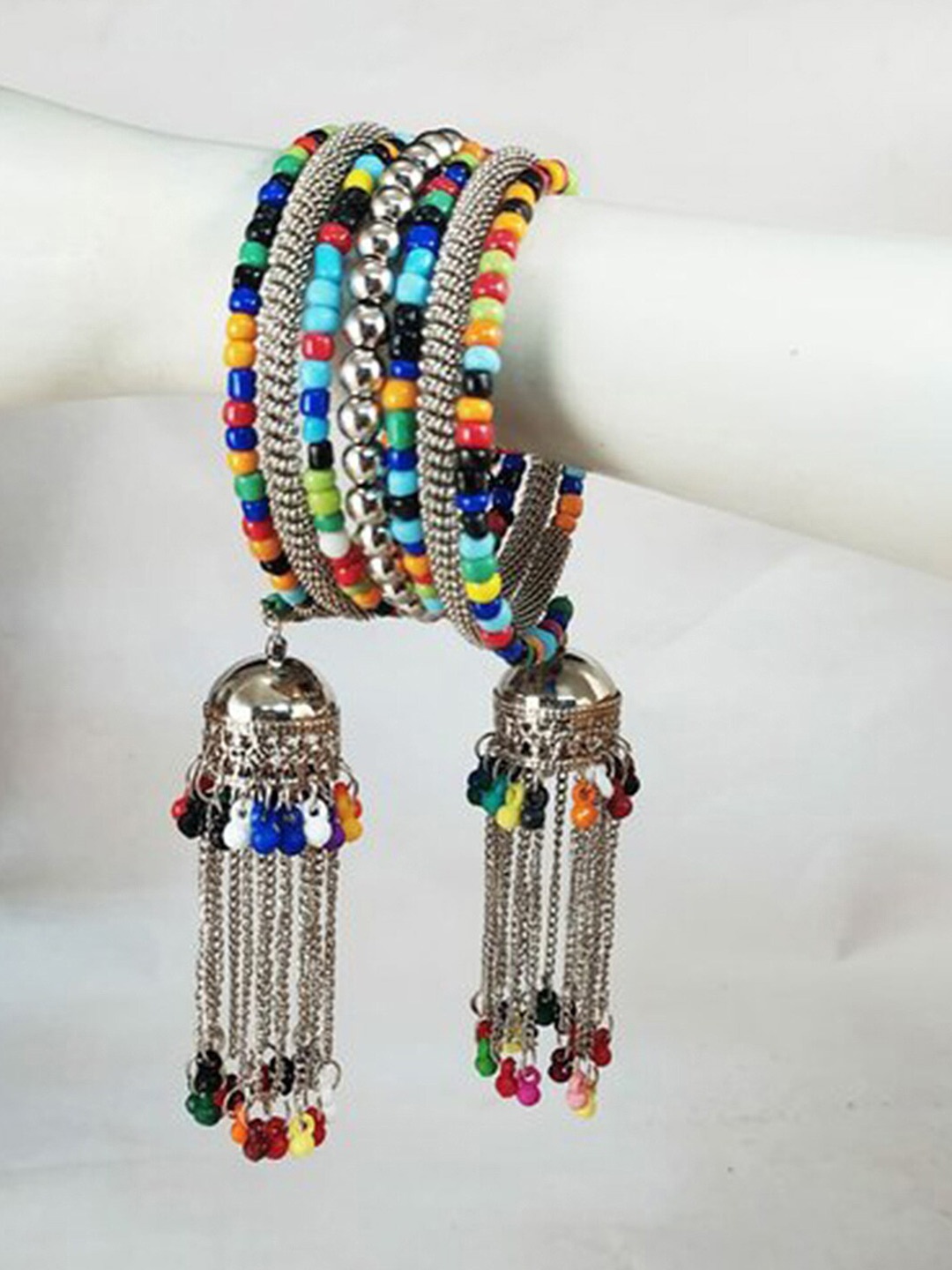 

Vembley Women Oxidised Silver-Plated Blue & Yellow Beaded Brass Bangle-Style Bracelet
