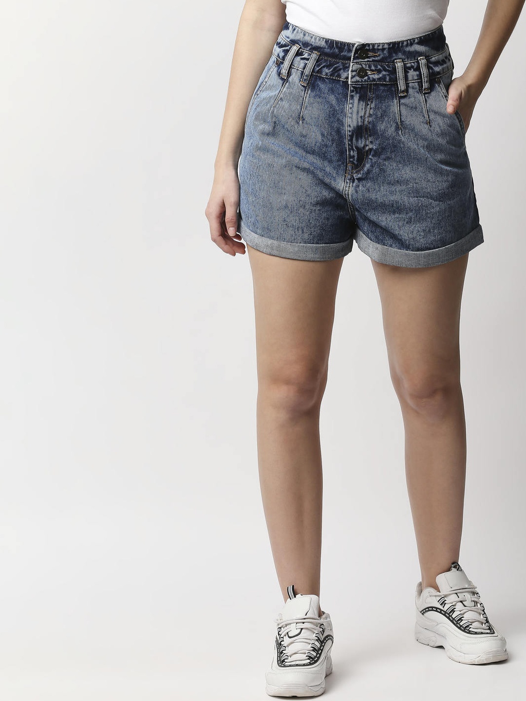 

Pepe Jeans Women Blue Washed Loose Fit High-Rise Cotton Denim Shorts