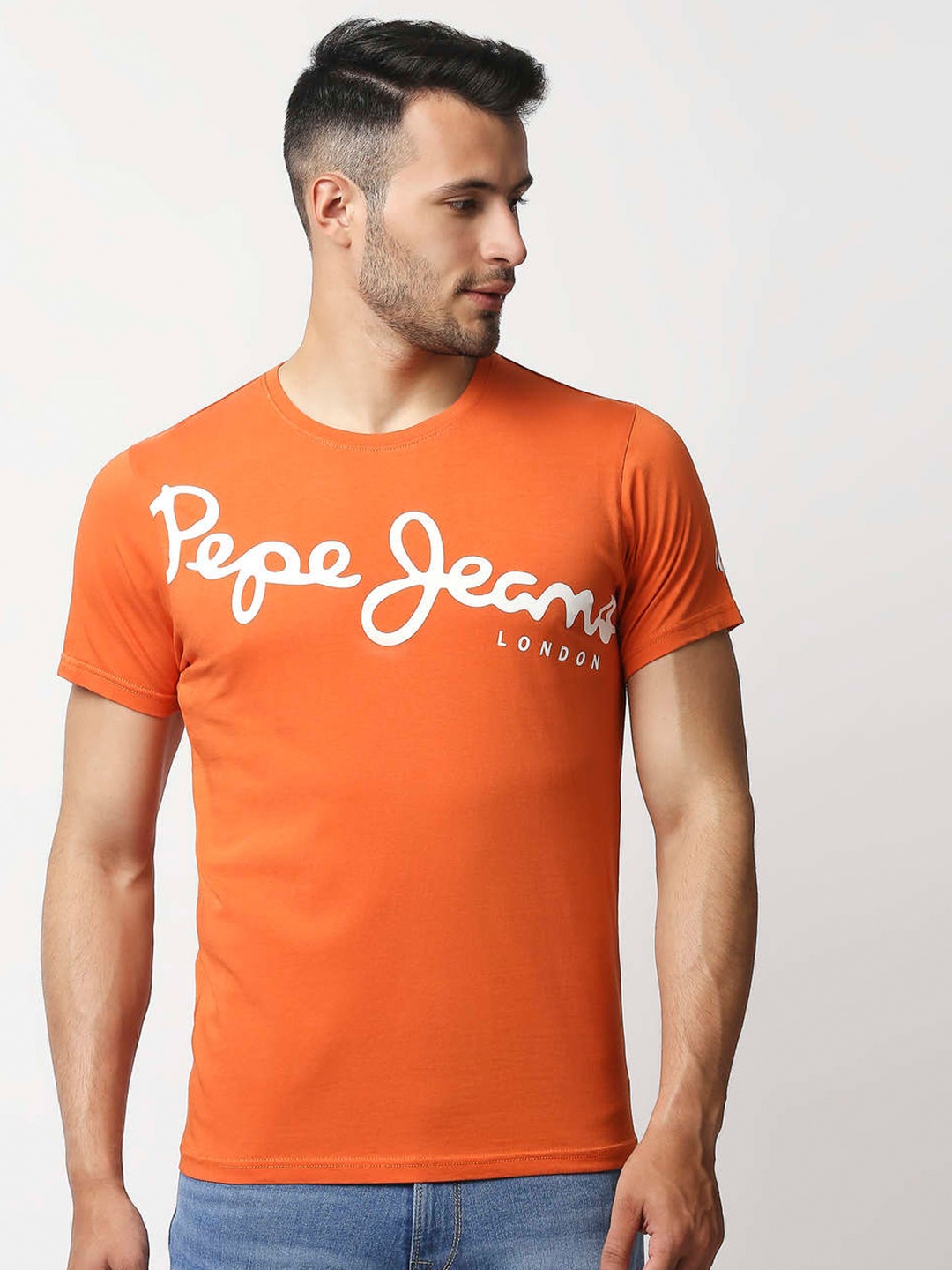 

Pepe Jeans Men Orange Printed Slim Fit Cotton T-shirt