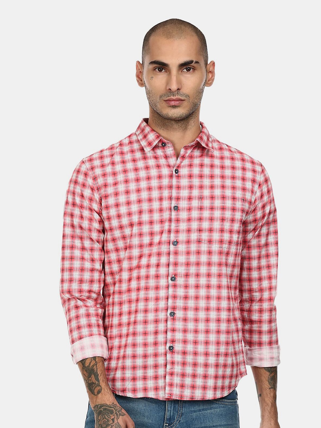 

Ruggers Men Red & White Checked Cotton Casual Shirt