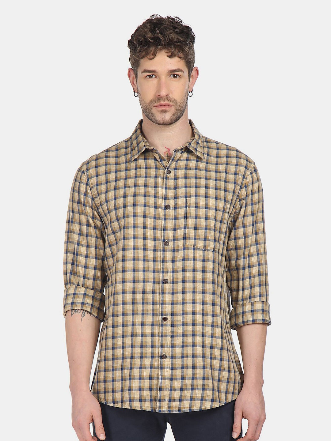 

Ruggers Men Beige Tartan Checked Casual Shirt