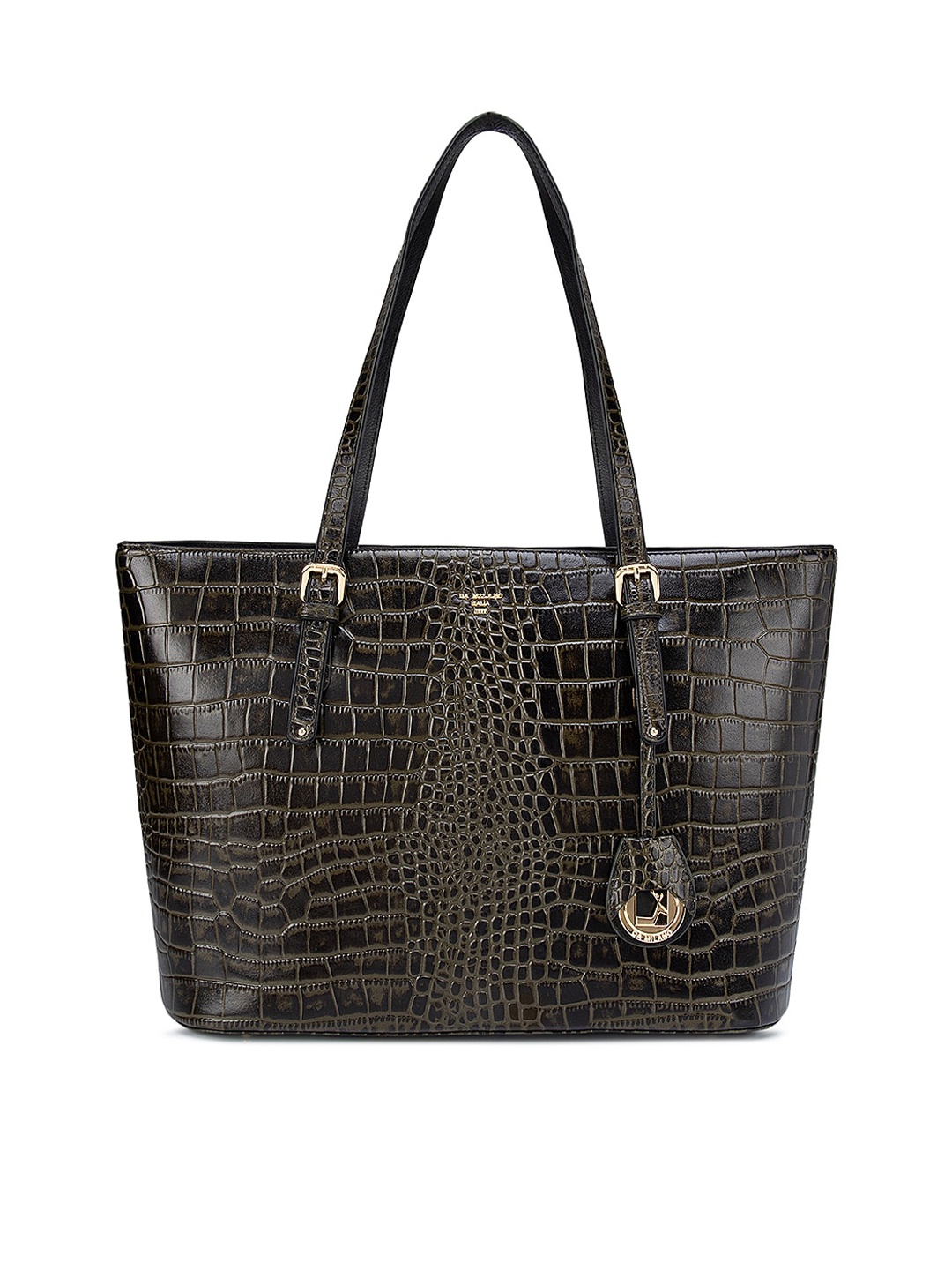 

Da Milano Olive Green & Black Animal Textured Leather Structured Shoulder Bag