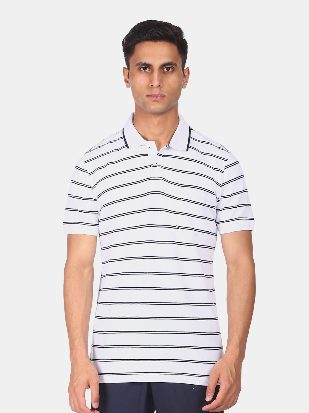 

Arrow Sport Men White & Black Striped Polo Collar T-shirt