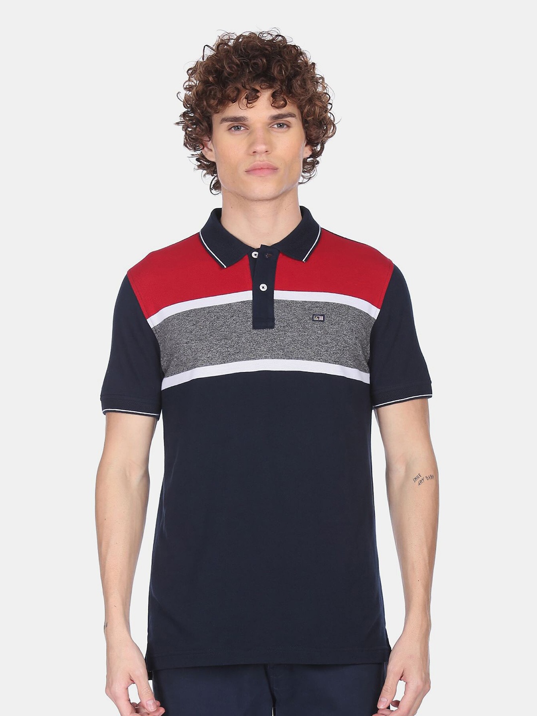 

Arrow Sport Men Navy Blue & Red Colourblocked Polo Collar Pure Cotton T-shirt