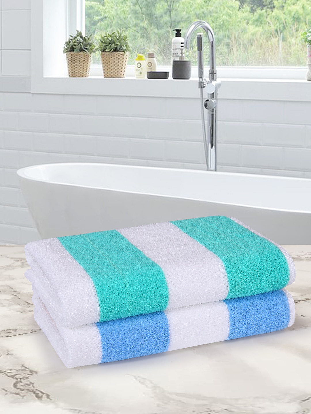 

ROMEE Pack of 2 Blue & White Striped 350 GSM cotton Towel
