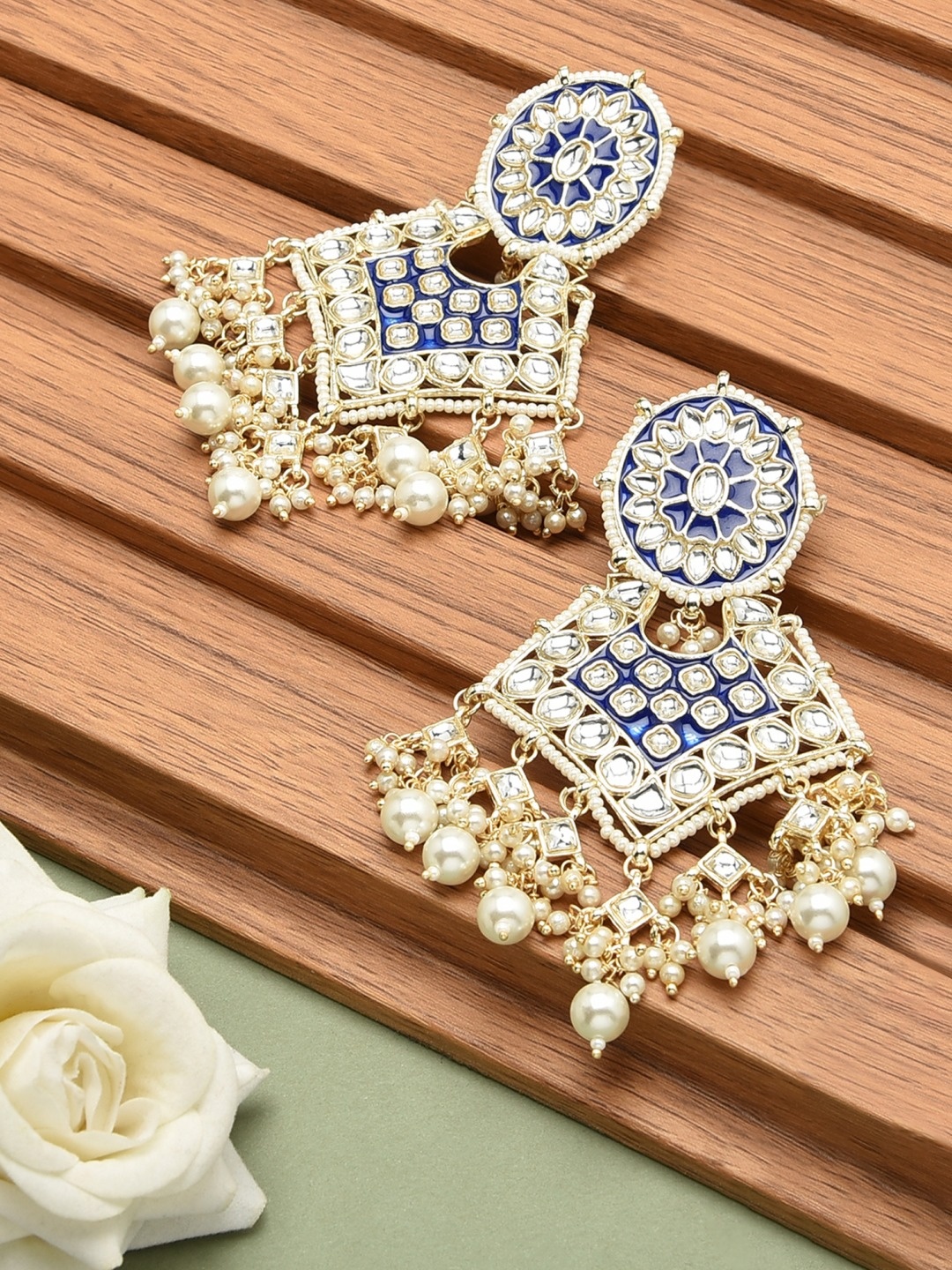 

Zaveri Pearls Blue Gold-Plated Contemporary Meenakari Kundan Drop Earrings