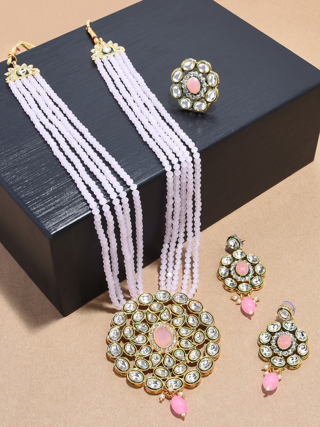 

Zaveri Pearls Women Gold-Plated Pink Kundan-Studded & Crystals Beaded Jewellery Set